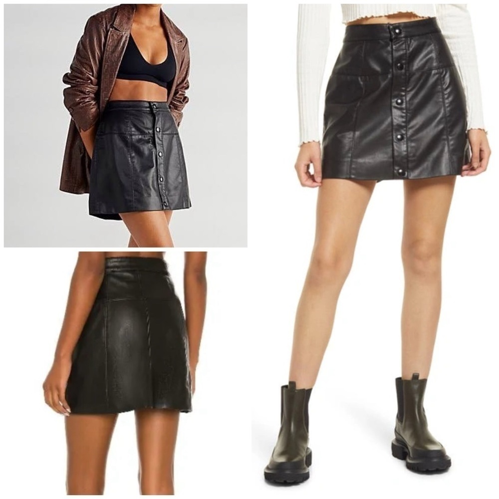 Free People Maisie Black Faux Vegan Button Down A-line Classic Mini Skirt 6